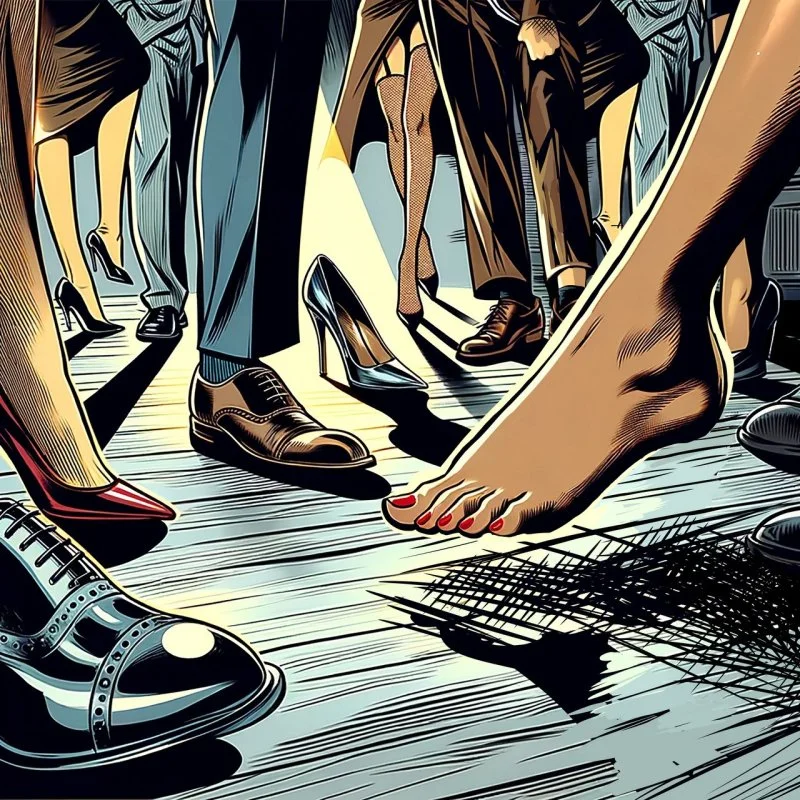 Illustration mehrerer Beine und Schuhe, darunter High Heels und ein nackter Fuß, auf einem Bühnenboden.