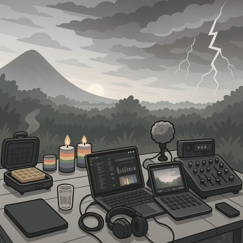 Podcast-Setup mit Laptops, Mikrofon, Mischpult und Kerzen vor einer stürmischen Berglandschaft mit Blitz.