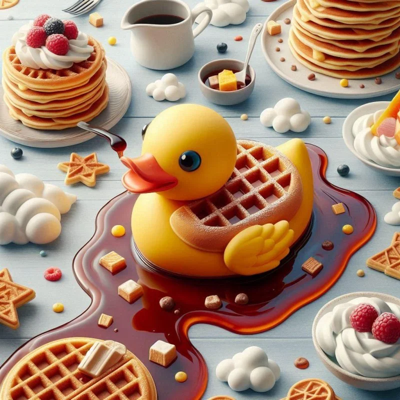 Gelbe Gummiente mit Waffelkörper in Sirup, umgeben von Pancakes, Sahne und Süßigkeiten