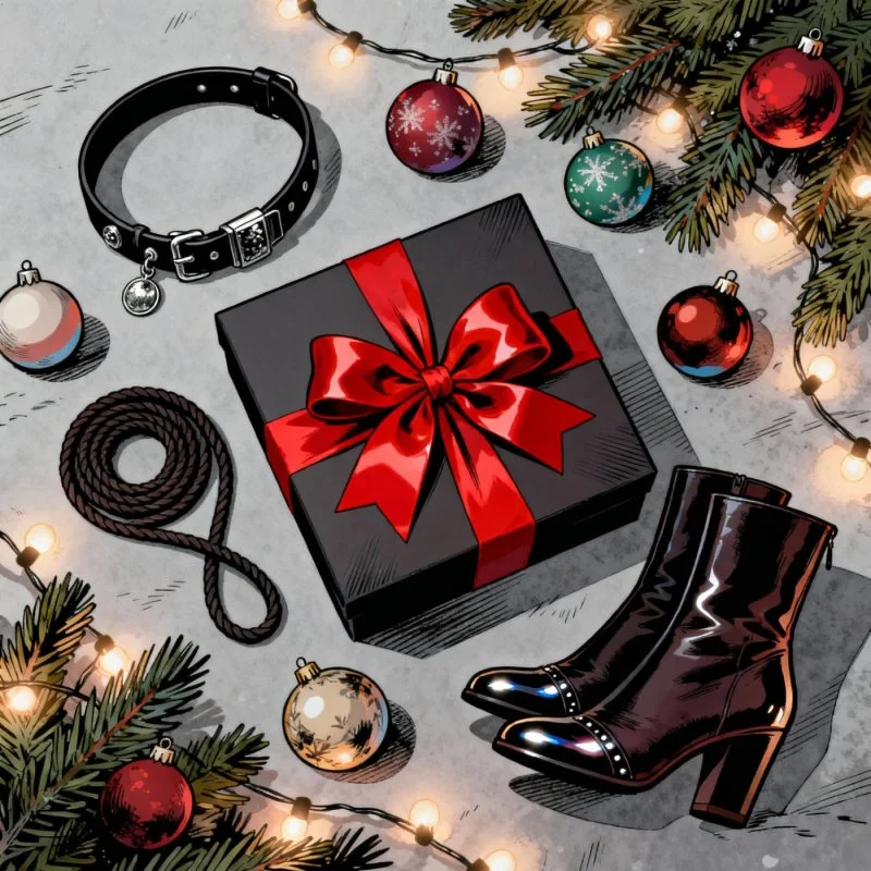 Geschenkbox mit roter Schleife, Halsband, Seil, Stiefeln und Weihnachtsdekoration auf grauem Hintergrund