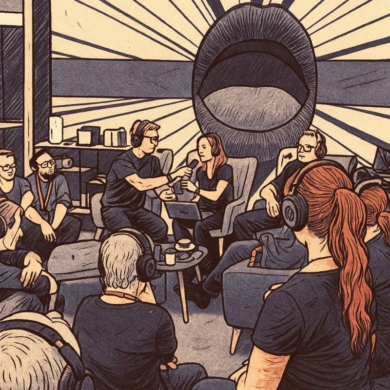 Podcast-Liveaufnahme mit mehreren Personen im Gespräch vor großem Mikrofon im Studio